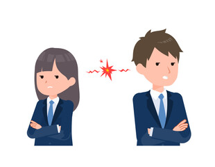 紺色のブレザーを着た学生男女。ケンカ中のにらみ合い 。