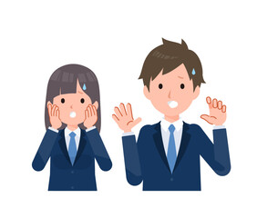 紺色のブレザーを着た学生男女。驚き戸惑う様子