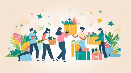 Fototapeta premium People wearing face masks and carrying shopping bags, illustrating safety and shopping during a pandemic.