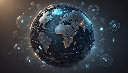 Fototapeta premium Global AI network visualized as a glowing, interconnected web spanning the Earth Globe. AGI and ASI.