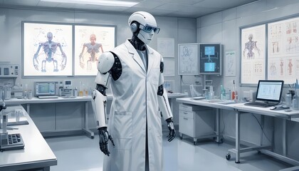 Obraz premium Robotic Researchers in Advanced AI-Driven Labs of the Future. Artificial General Intelligence.