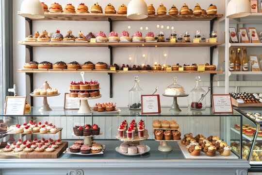 Cozy bakery interior with fresh assortment, Bright and inviting bakery showcasing a variety of bread and pastries