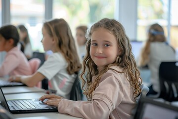 Smiling Young Student in a Modern Classroom, Engaged in Learning on a Laptop with Classmates in the Background