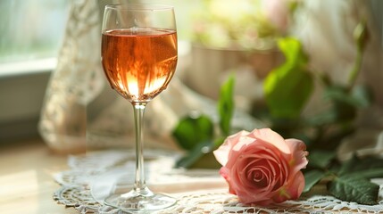 Elegant_glass_of_wine_and_a_delicate_rose_on_a_lace-cover_background_generative_ai_image