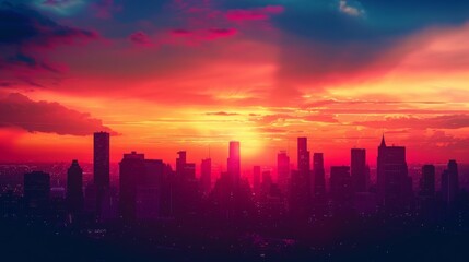 Vivid Cityscape Sunset. Vibrant Urban Skyline at Dusk