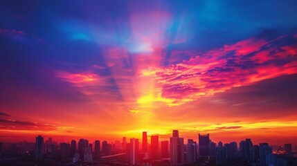 Fototapeta premium Spectacular sunset over a modern city skyline, vibrant colors in the sky, creating a breathtaking urban landscape. Concept of beauty in nature, cityscapes, and colorful skies.