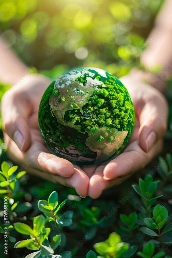 Wall mural hands holding a green earth concept