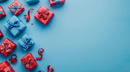 Fototapeta na wymiar Red And Blue Gift Boxes On A Blue Background With Ample Copy Space, Creating A Festive Atmosphere.
