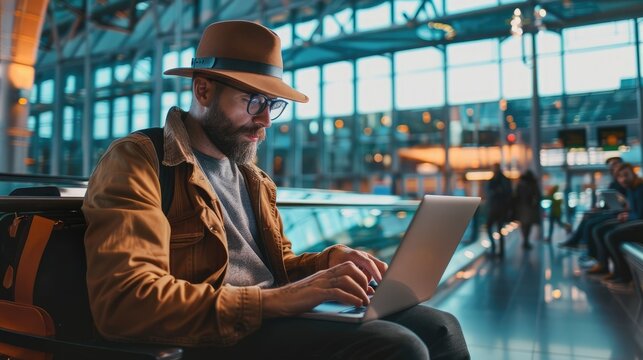 A man embraces remote work in an airport waiting area, typing on his laptop and epitomizing the modern digital nomad with the convenience of working from anywhere.