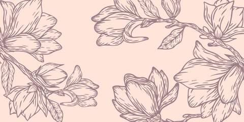 Fototapeta premium Abstract background with magnolia flowers. Flower wreath. Summer floral card with magnolia. Floral background for packaging cosmetics and other things.