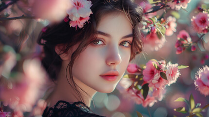 Naklejka premium A beautiful young woman stands amidst a plethora of pink blossoms. Her serene expression and the soft sunlight enhance the delicate and romantic ambiance of the scene, generative ai