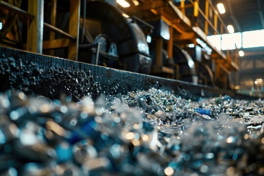 Recycling facility with crushed aluminum cans on a conveyor belt, highlighting industrial recycling processes.