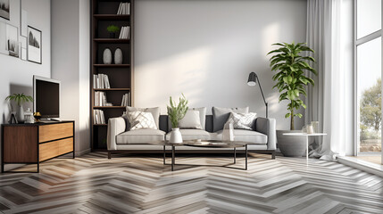 Fototapeta premium Defocused shot of a bright, airy Scandinavian-style living space with minimalist design ,Modern interior design mockup poster blank white frame