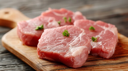 Fototapeta premium Fresh, raw slices of pork, carefully arranged on a wooden cutting board, look appetizing, exuding natural aromas and texture.