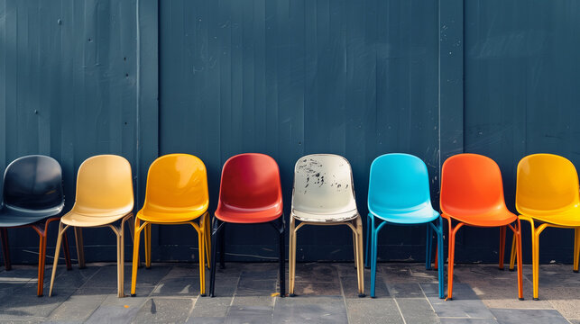 A row of various chairs arranged in a line is an aesthetic combination that shows both the elegance of classic models and modern design.