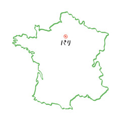 手描きのシンプルでおしゃれなフランスの白地図 - パリの場所をマークした日本語の線画マップ
