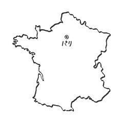 手描きのシンプルでおしゃれなフランスの白地図 - パリの場所をマークした日本語の線画マップ
