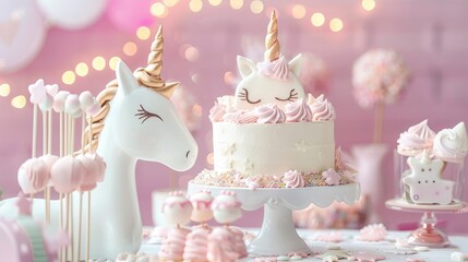 Whimsical Little Girlýs Birthday Party Dessert Table With Unicorn Cake, Cake Pops, And Sugar Cookies