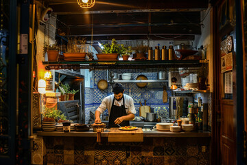 Chef preparing dinner in a bustling kitchen