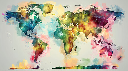 A vibrant watercolor world map with an artistic touch,