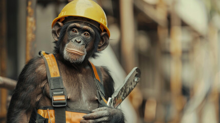 Monkey posing as a construction worker with a hard hat and tool belt 