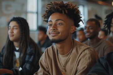 A man with a beard and dreadlocks is smiling at the camera. He is wearing a brown sweater and a necklace. The other people in the room are also smiling