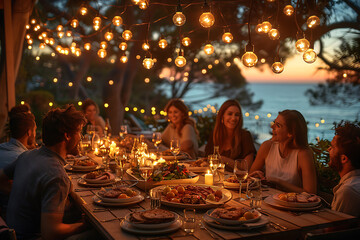 Fototapeta premium Friends Laughing Dinner Party Under Starlit Skies