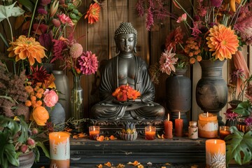 Fototapeta premium A beautifully decorated Bodhi Day altar with a Buddha statue, flowers, candles, and offerings, creating a spiritual ambiance. Bodhi Day selebration 
