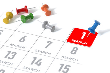 March Calendar with Blue Pushpin. Calendar Concept Using White Background and Simple Composition. 3d Rendering