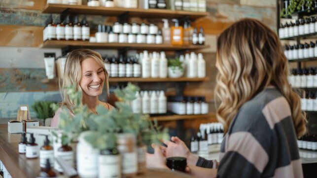 Two white female workers smile and interact at a rustic retail boutique . a salesperson in a natural beauty store explaining the benefits of organic skincare products to a customer