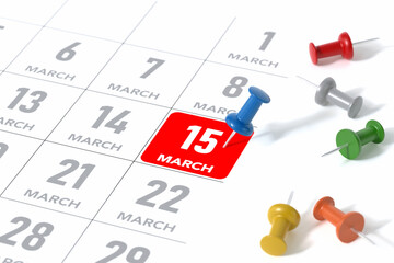 March Calendar with Blue Pushpin. Calendar Concept Using White Background and Simple Composition. 3d Rendering