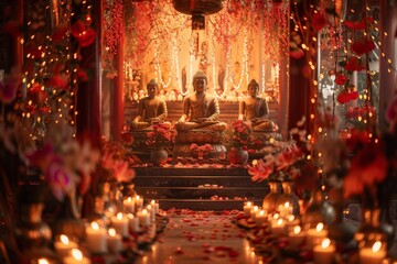 A beautifully decorated temple interior for Bodhi Day, with Buddha statues, flowers, and soft lighting. Bodhi Day selebration