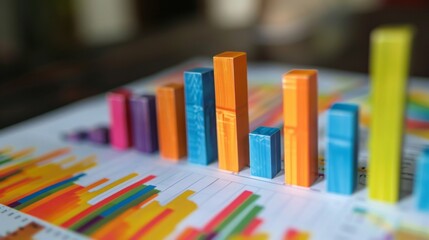 A colorful set of wooden blocks are arranged on a graph paper