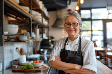 Confident senior female chef in restaurant kitchen