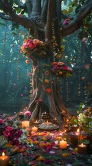A Bodhi tree surrounded by offerings of flowers, candles, and incense, symbolizing reverence and gratitude. Bodhi Day selebration 