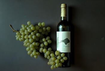 Obraz premium A bottle of red wine with a label, surrounded by green grapes on a wooden surface against a dark background, white empty label, free space fror grand or writings