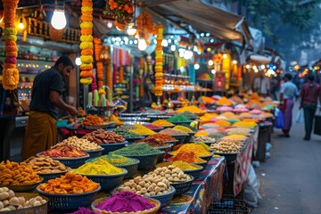 Fototapeta premium A bustling market scene with stalls selling Diwali decorations, sweets, and colorful rangoli powders, capturing the festive spirit.