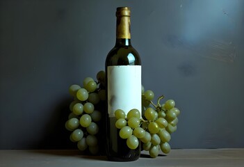 Obraz premium A bottle of red wine with a label, surrounded by green grapes on a wooden surface against a dark background, white empty label, free space fror grand or writings