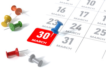 March Calendar with Blue Pushpin. Calendar Concept Using White Background and Simple Composition. 3d Rendering