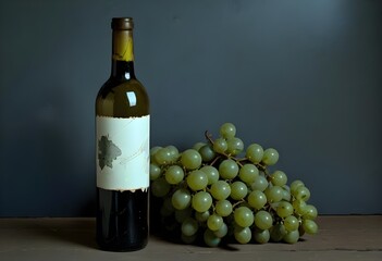 Obraz premium A bottle of red wine with a label, surrounded by green grapes on a wooden surface against a dark background, white empty label, free space fror grand or writings