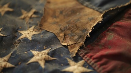 A worn, folded American flag with a tear on it.
