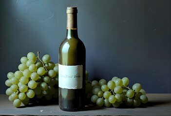Obraz premium A bottle of red wine with a label, surrounded by green grapes on a wooden surface against a dark background, white empty label, free space fror grand or writings