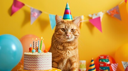 Obraz premium International Cat Day Concept With A Golden British Cat Playing Joyfully With A Birthday Theme