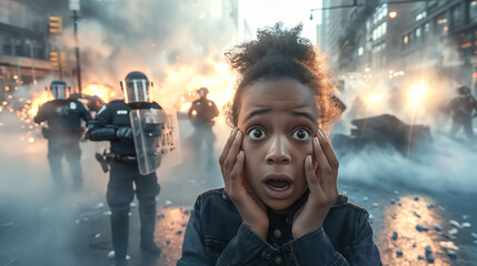 Frightened Child Amidst Chaotic Urban Unrest and Riot