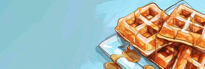 National Waffle Day. Horizontal banner. Waffles with honey on a blue background. Breakfast treat. Free space for text. copy space. Flat illustration