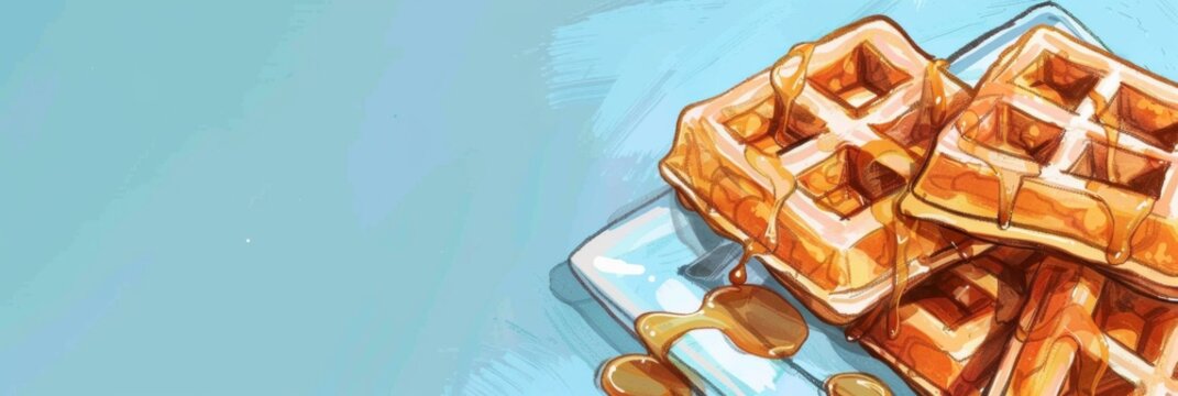 National Waffle Day. Horizontal banner. Waffles with honey on a blue background. Breakfast treat. Free space for text. copy space. Flat illustration