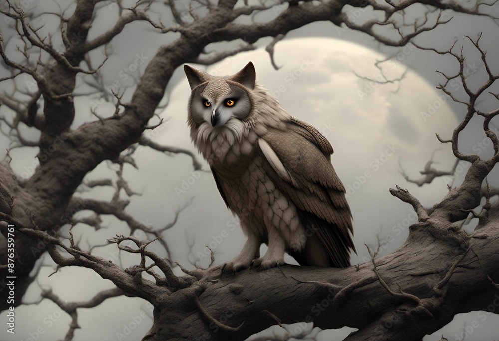 Poster ai generated illustration of a majestic owl perched on a tree branch with a full moon