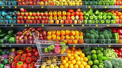 Obraz premium Rows of fruits and vegetables neatly arranged on a shelf in a supermarket or grocery store.