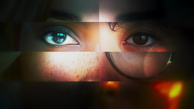 Diversity concept - mosaic with faces of men and women morphing between each other - different nations, skin colors - camera zoom on face