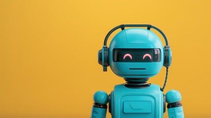 A blue robot with headphones and a friendly expression on a yellow background.